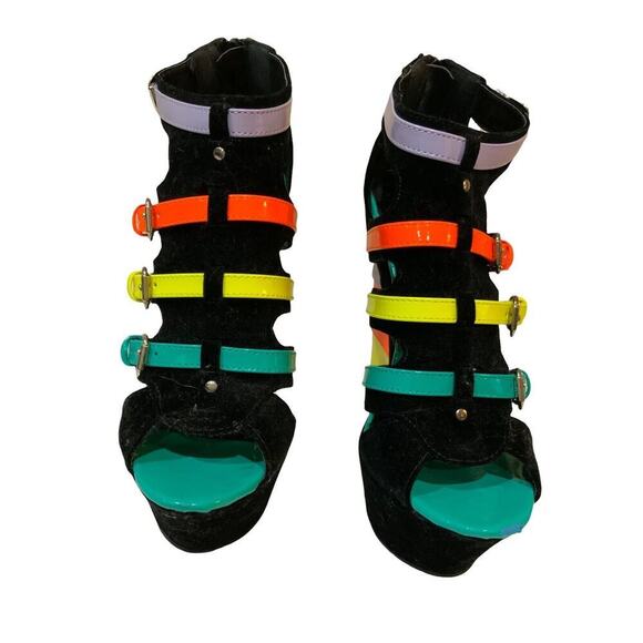 Alba Candy Neon Colorful Velvet Leather Buckle Strap Women's Sz 5.5 Wedge Sandal - Picture 2 of 10